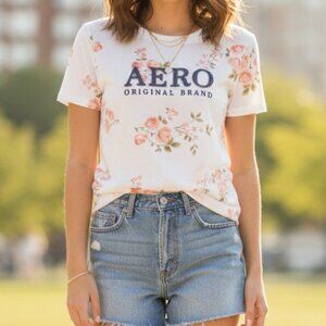 Aeropostale Classic Short Sleeve Peach Floral Large Graphic Shirt
